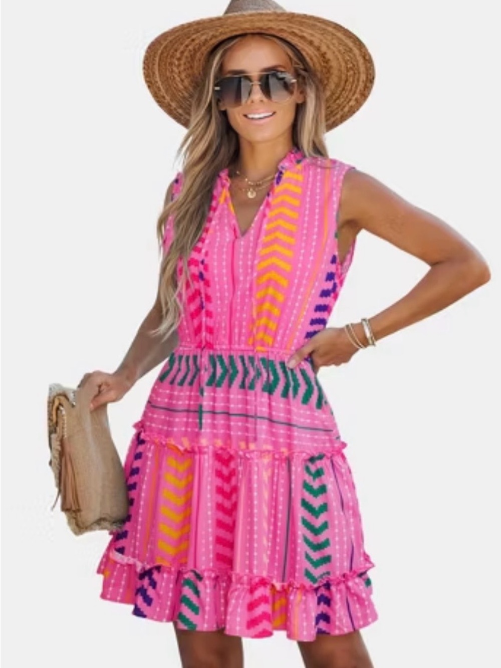 CUPSHE Pink Dragon Fruit Mini Dress Boho Tiered Sundress Resort Medium NWT